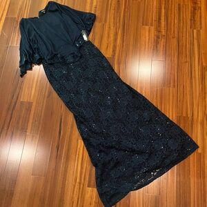 Onyx Blue Sequin Dress Navy Blouson Cape‎ Lace Maxi Formal Party New NWT Size 6